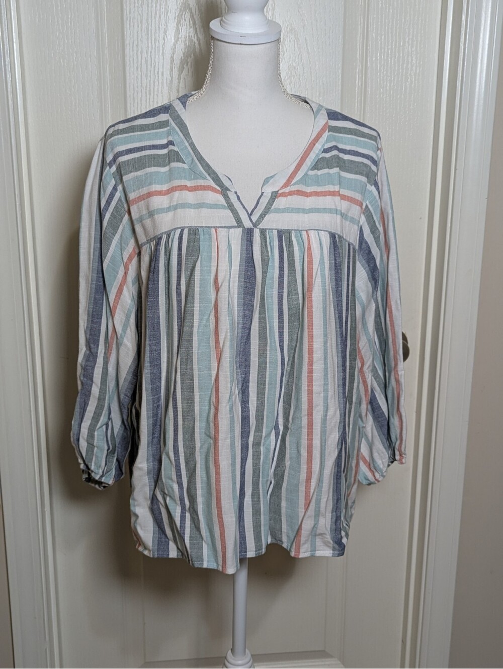 Knox Rose Boho Blue Striped Shirt Women's 3/4 Sleeve Linen Like XXL
